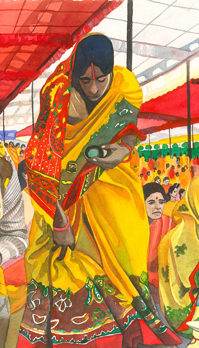 Women Bowing in Saffron Saris